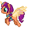 Sunny Starscout from My Little Pony flying with holographic wings and a holographic horn, looking towards the left.